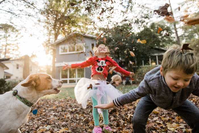 Kids throwing leaves with dog sun setting family photographer